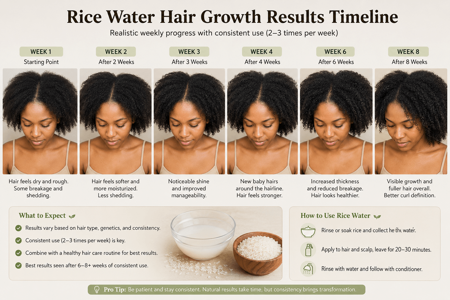 rice water hair growth results timeline showing realistic weekly progres