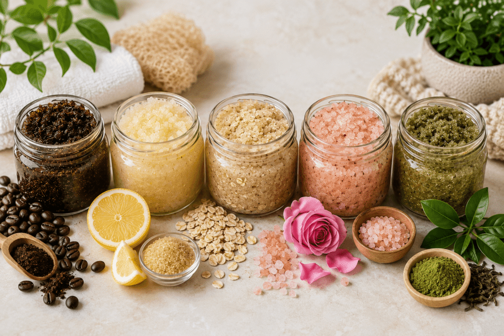 how to make body scrub at home - five different natural homemade body scrubs in glass jars with natural ingredients displayed around them