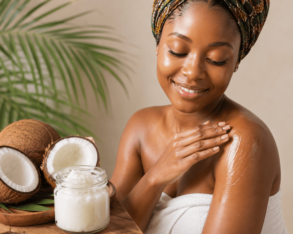 coconut oil for skin - Nigerian woman applying coconut oil to her glowing skin with fresh coconut halves and coconut oil jar displayed beside her
